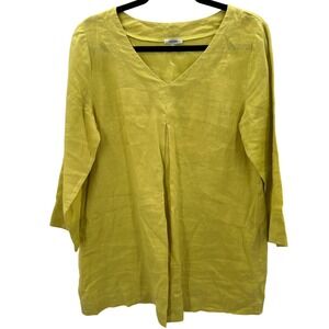 Tyler Boe Linen Tunic Top Women's Medium Citron Yellow V Neck 3/4 Sleeve